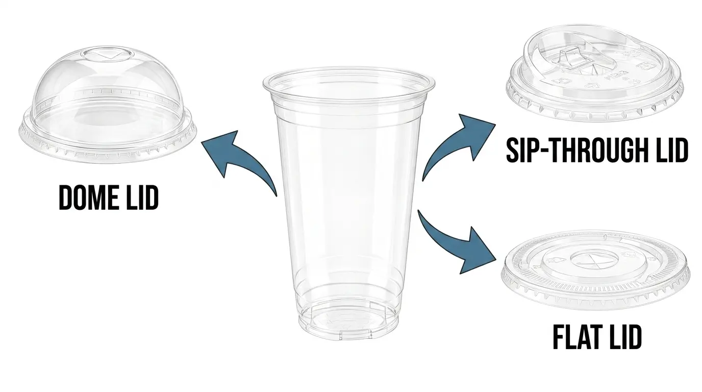 20 oz PET/RPET clear cold cup three lid compatibility display