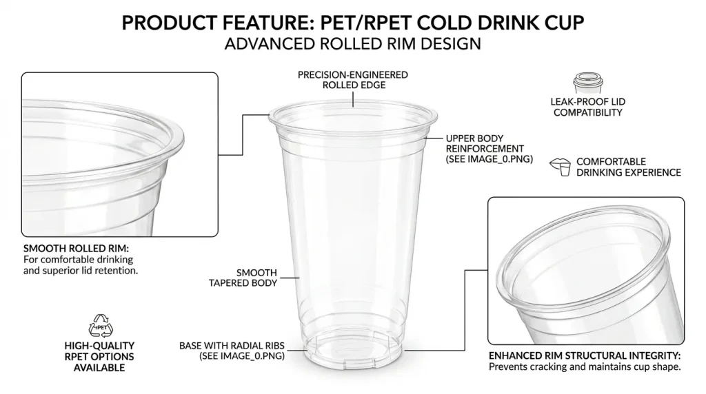 20 oz PET/RPET cold cup rolled rim feature diagram