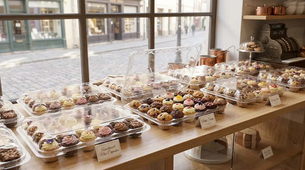 24-count mini cupcake container displayed in premium bakery window with assorted cupcakes and cookies