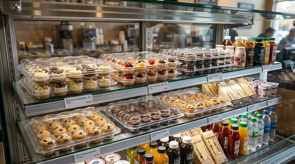 24-count mini cupcake container for refrigerated bakery and grab-and-go dessert display