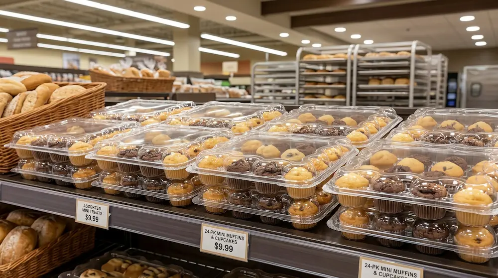24-count mini cupcake container on supermarket bakery shelf with mini muffins and cupcakes