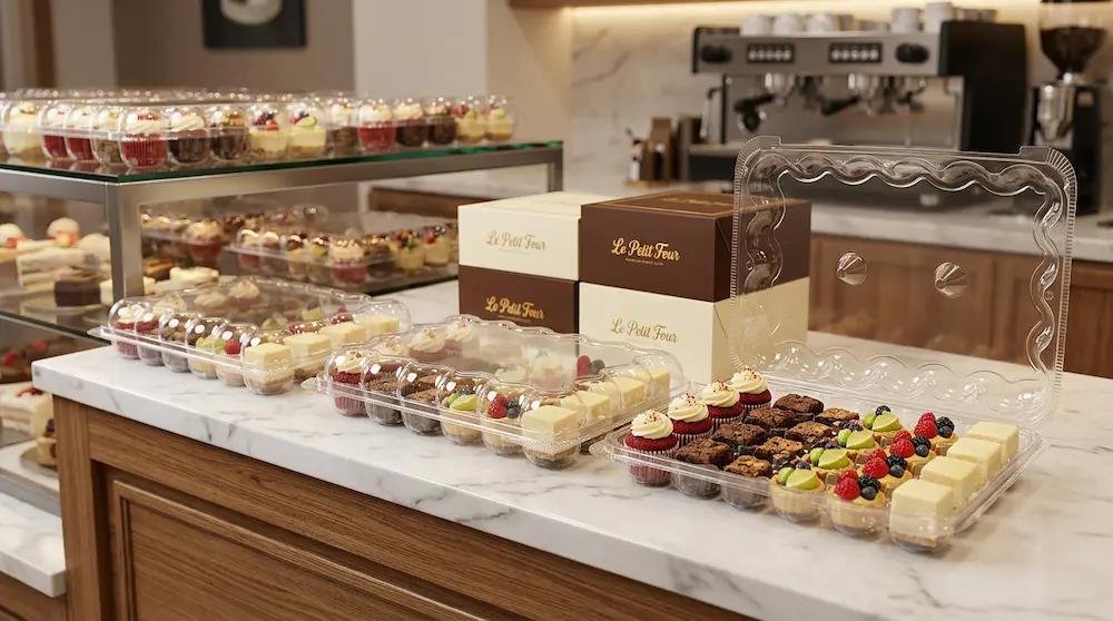 24-count mini cupcake container displayed with assorted mini desserts in an upscale bakery counter