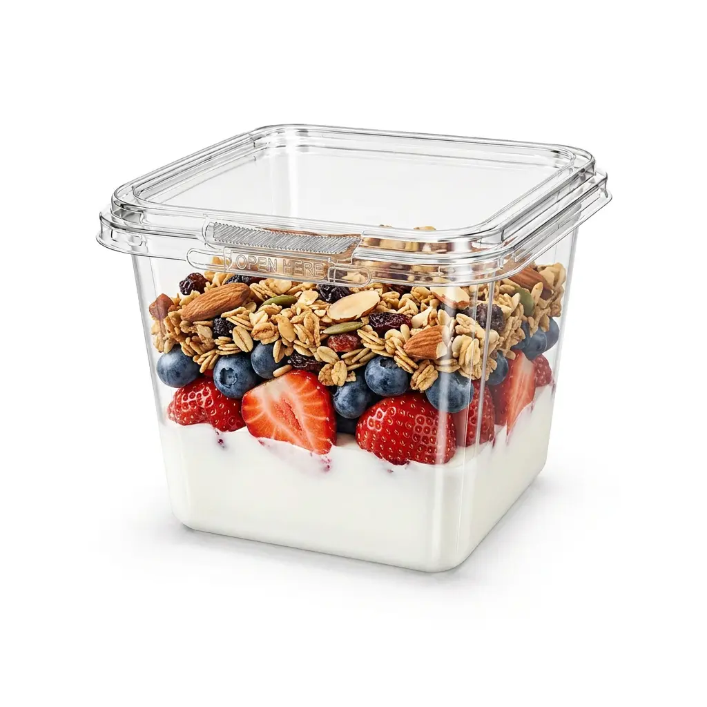 24OZ 710ml clear square RPET tamper-evident breakfast container with yogurt berries and granola