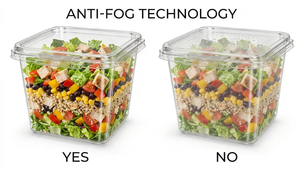 24OZ 710ml clear square RPET tamper-evident container anti-fog technology comparison