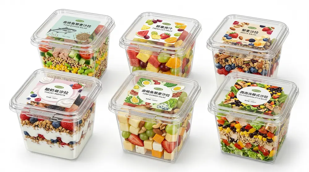 24OZ 710ml clear square RPET tamper-evident container with custom food labels for fruit salad yogurt and light meals