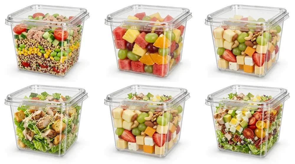 24OZ 710ml clear square RPET tamper-evident container application set for fruit snacks salad and deli meals