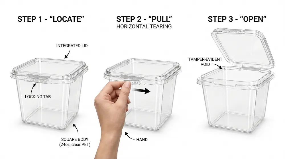 24OZ 710ml clear square RPET tamper-evident container opening instructions with locate pull and open steps
