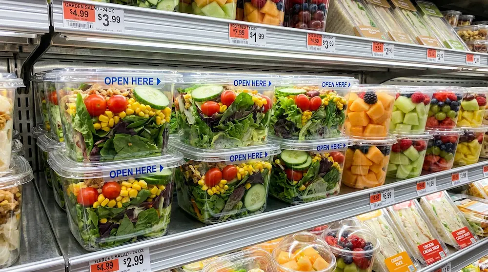 24oz clear square rPET tamper-evident container for supermarket salad and fresh fruit packaging