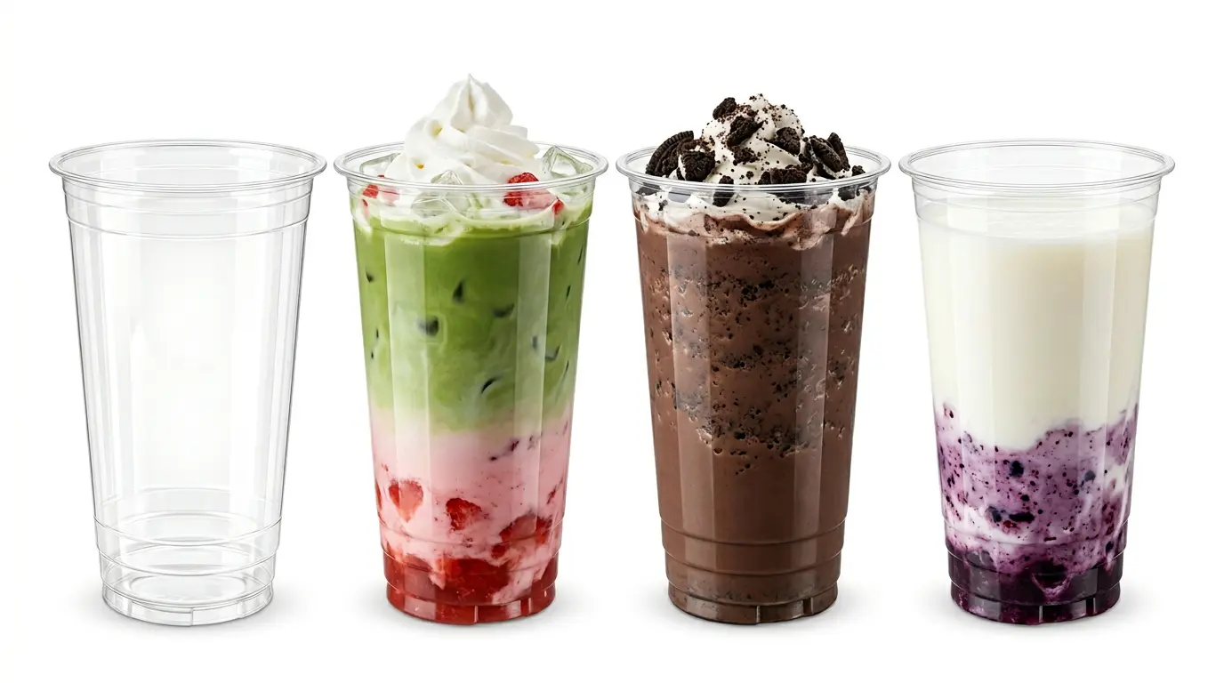 24 oz PET/RPET clear cold cup for matcha, smoothies, and fruit milk beverages