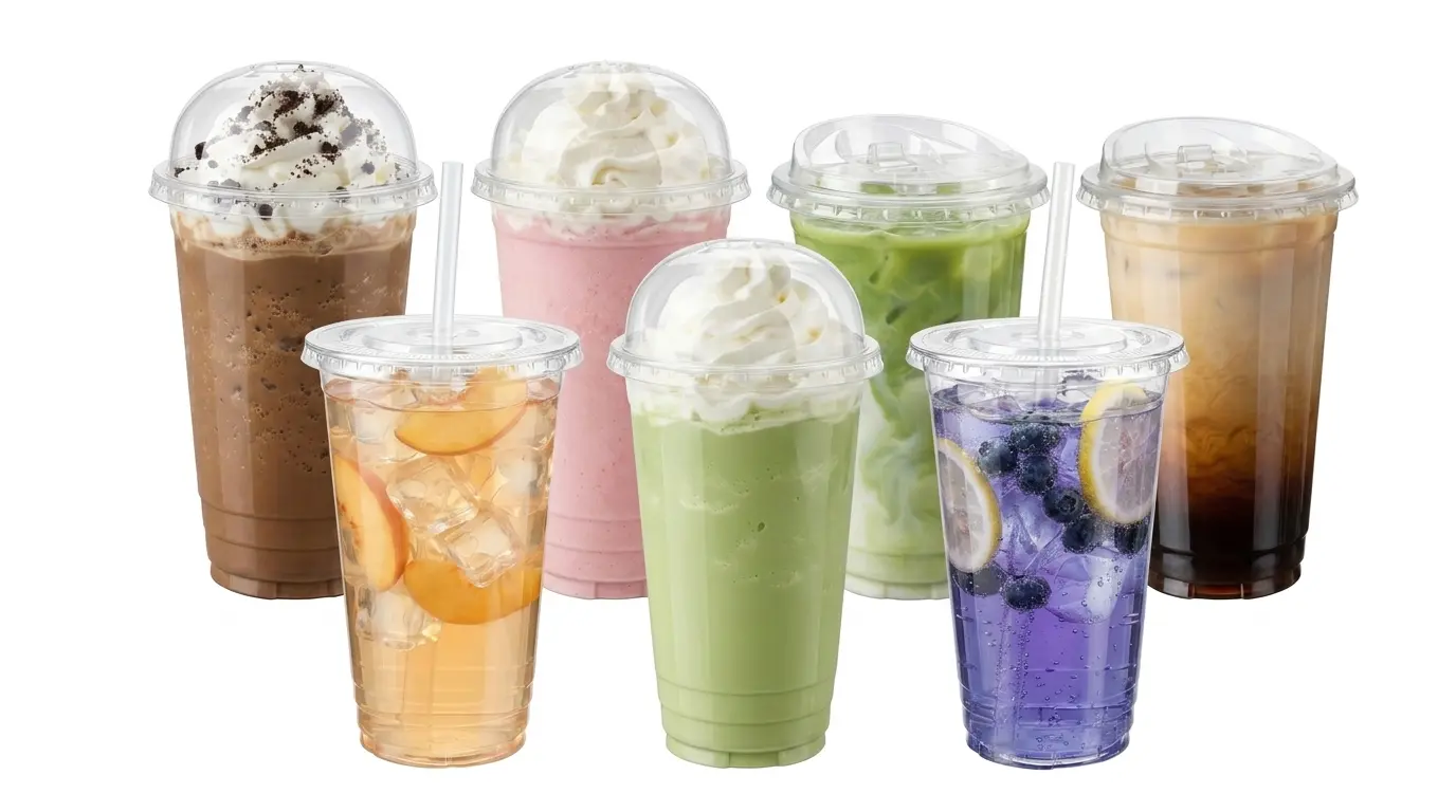 24 oz PET/RPET clear cold cups filled with iced coffee, matcha, milk tea, and fruit drinks
