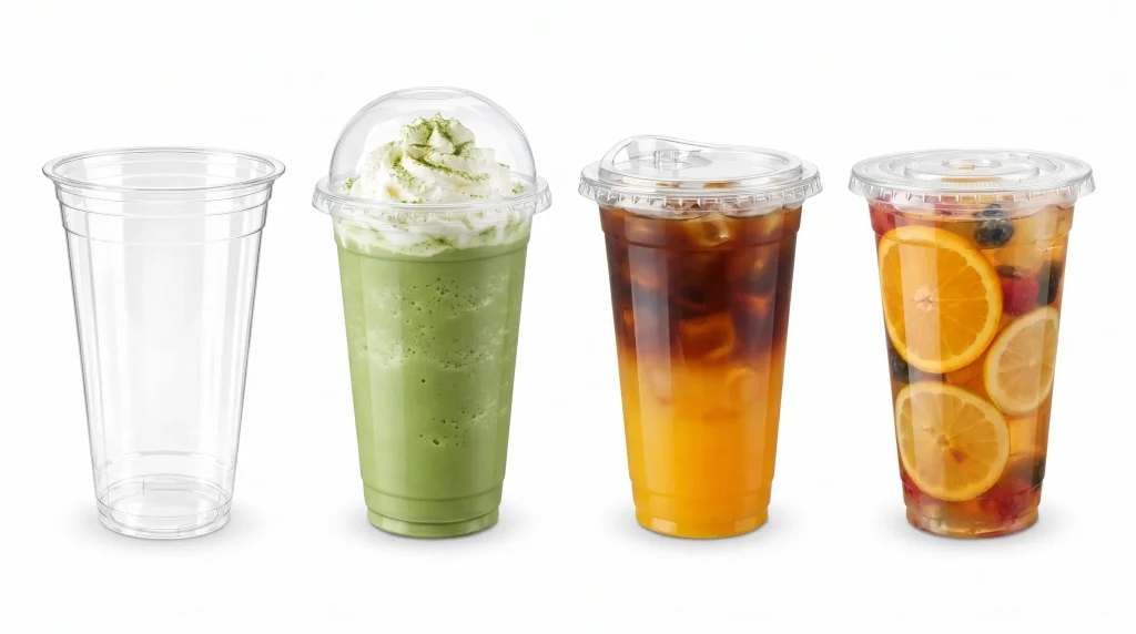 24 oz PET/RPET Clear Cold Cup for matcha, orange americano, and fruit tea display