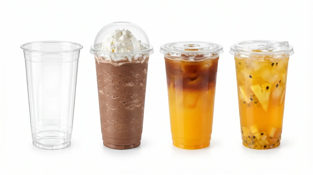 24 oz PET/RPET clear cold cup beverage display with dome lid, flat lid, and sip-through lid