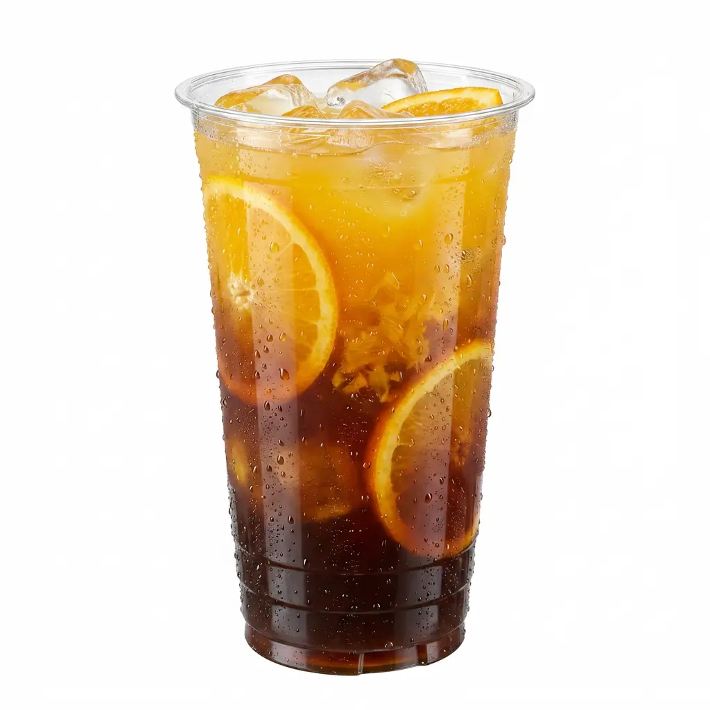 24oz-pet-rpet-clear-cold-cup-orange-c-americano.webp 24 oz PET/RPET clear cold cup filled with orange iced Americano and orange slices