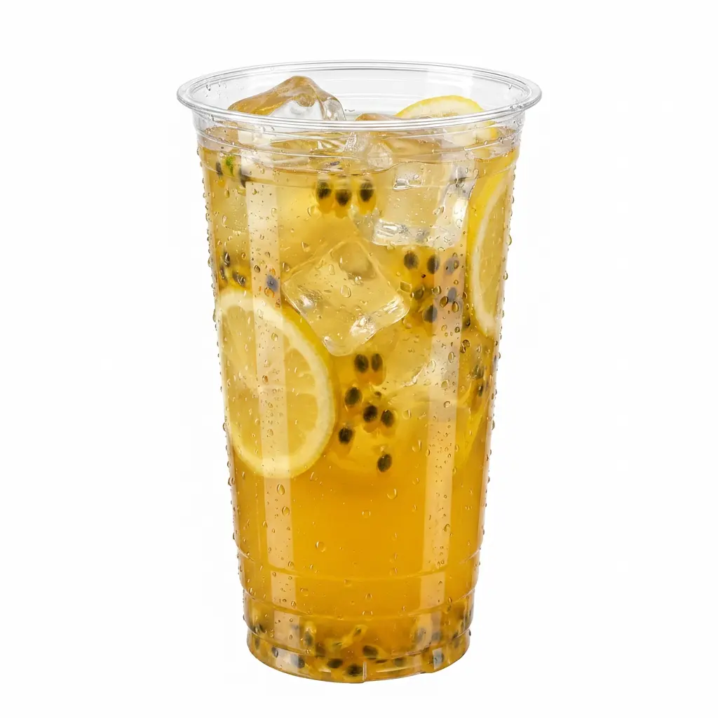 24oz-pet-rpet-clear-cold-cup-passion-fruit-green-tea.webp 24 oz PET/RPET clear cold cup filled with passion fruit green tea and lemon iced drink