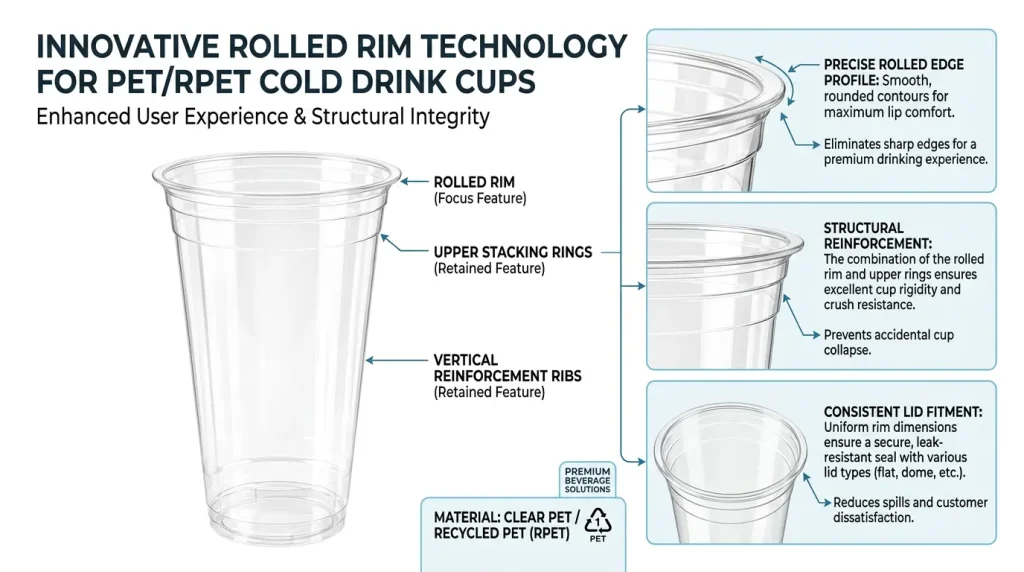 24 oz PET/RPET Clear Cold Cup rolled rim technology infographic