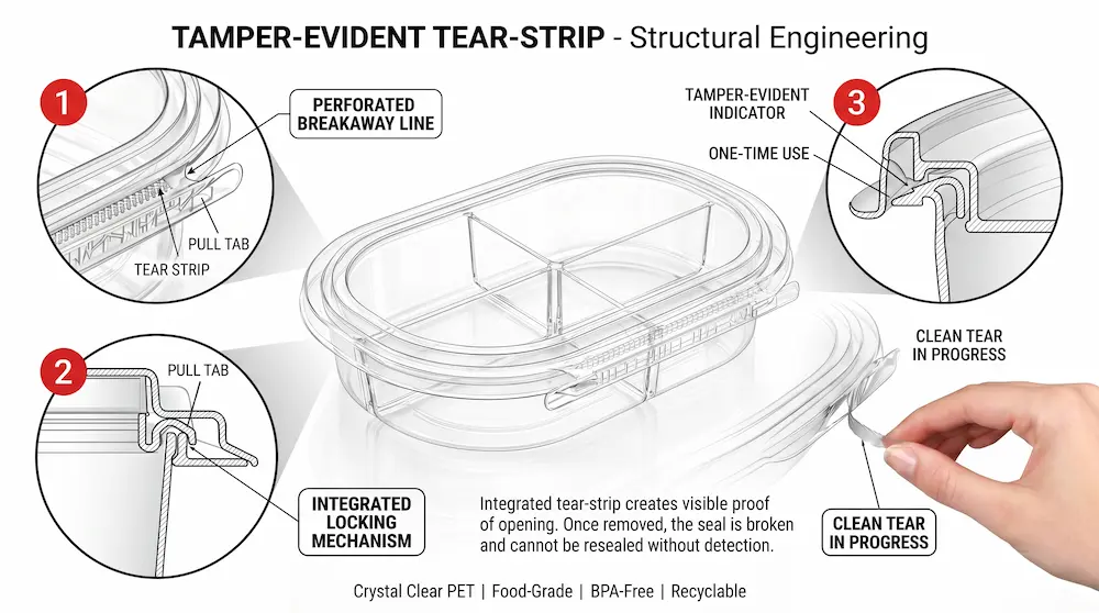Tamper evident tear strip structure for 24 oz RPET four-compartment food container