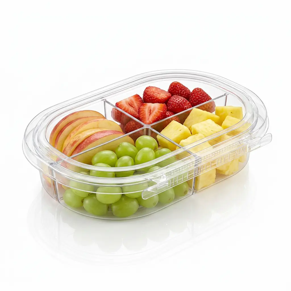 24oz-rpet-four-compartment-tamper-evident-container-apple-strawberries-green-grapes-pineapple 24 oz RPET four-compartment tamper evident food container for apple strawberries green grapes and pineapple