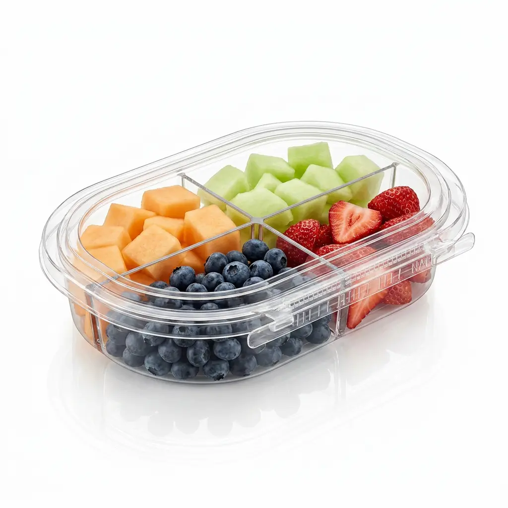 24oz-rpet-four-compartment-tamper-evident-container-cantaloupe-honeydew-blueberries-strawberries 24 oz RPET four-compartment tamper evident food container for cantaloupe honeydew blueberries and strawberries