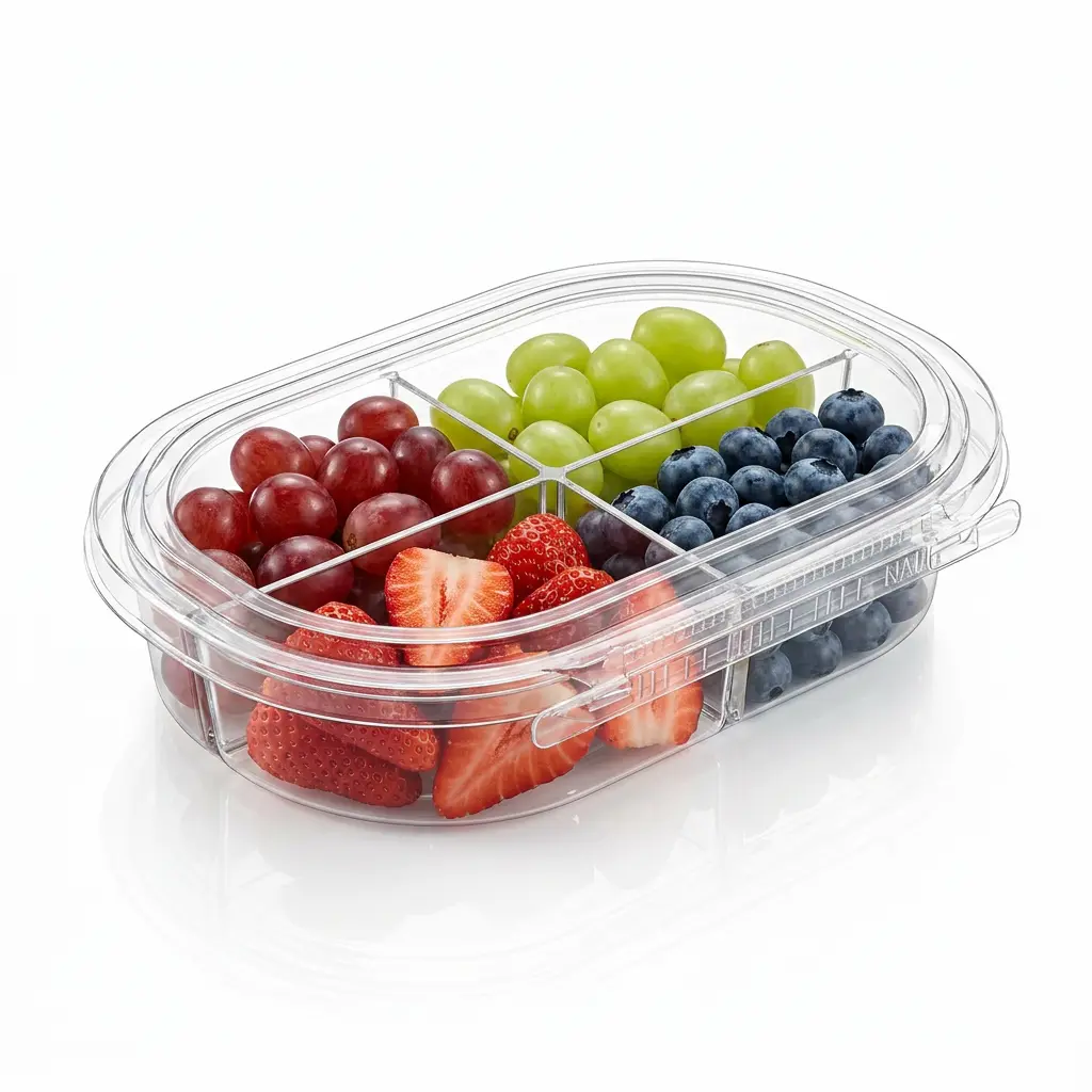 24oz-rpet-four-compartment-tamper-evident-container-grapes-strawberries-blueberries 24 oz RPET four-compartment tamper evident food container for red grapes green grapes strawberries and blueberries