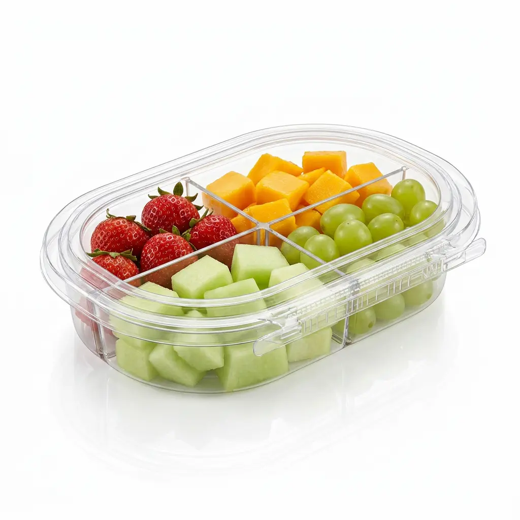 24oz-rpet-four-compartment-tamper-evident-container-honeydew-strawberries-mango-green-grapes 24 oz RPET four-compartment tamper evident food container for honeydew strawberries mango and green grapes