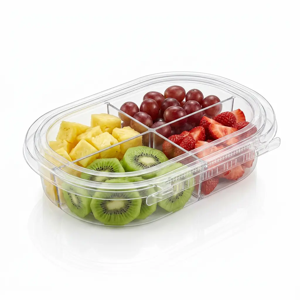 24oz-rpet-four-compartment-tamper-evident-container-kiwi-pineapple-strawberries-red-grapes 24 oz RPET four-compartment tamper evident food container for kiwi pineapple strawberries and red grapes