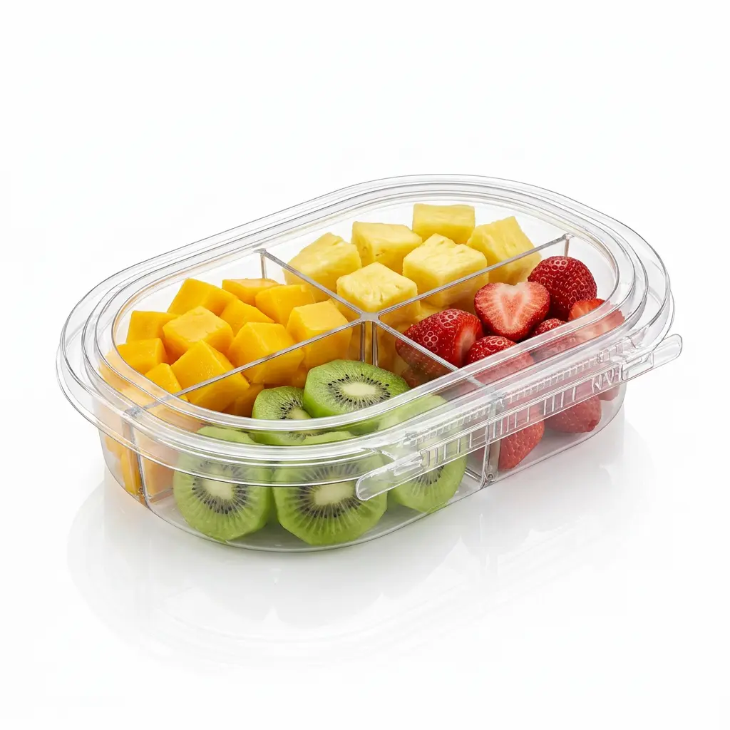 24oz-rpet-four-compartment-tamper-evident-container-mango-pineapple-kiwi-strawberries 24 oz RPET four-compartment tamper evident food container for mango pineapple kiwi and strawberries