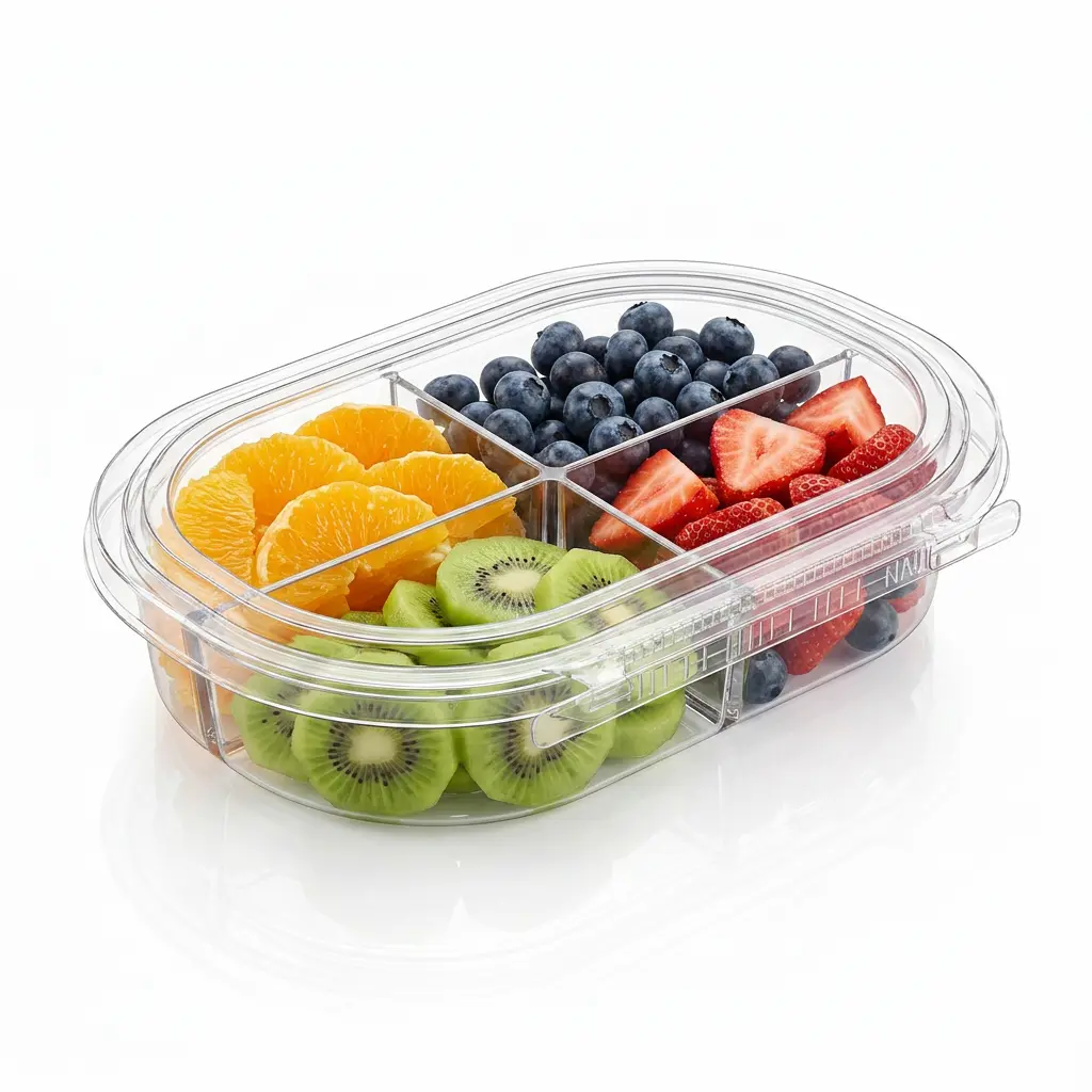 24oz-rpet-four-compartment-tamper-evident-container-orange-kiwi-blueberries-strawberries 24 oz RPET four-compartment tamper evident food container for orange kiwi blueberries and strawberries