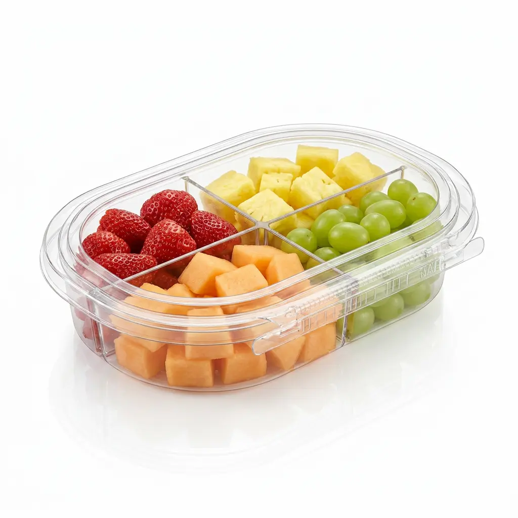 24 oz RPET four-compartment tamper evident food container for strawberry pineapple grapes and cantaloupe