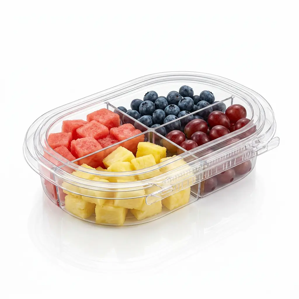24oz-rpet-four-compartment-tamper-evident-container-watermelon-blueberries-pineapple-red-grapes 24 oz RPET four-compartment tamper evident food container for watermelon blueberries pineapple and red grapes