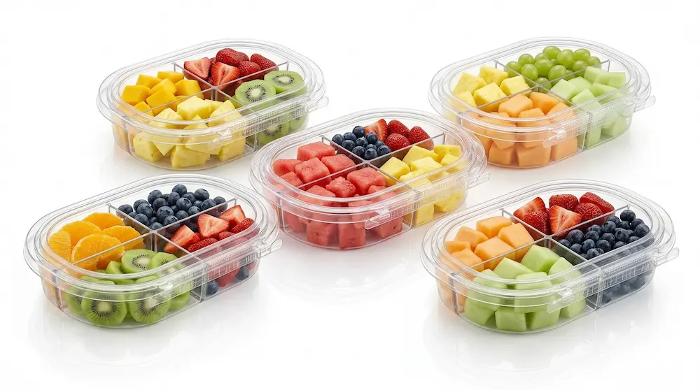 24 oz RPET four-compartment tamper evident containers for fresh fruit packaging