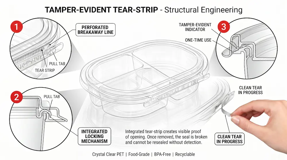 Tamper evident tear strip structure for 24 oz RPET three-compartment food container