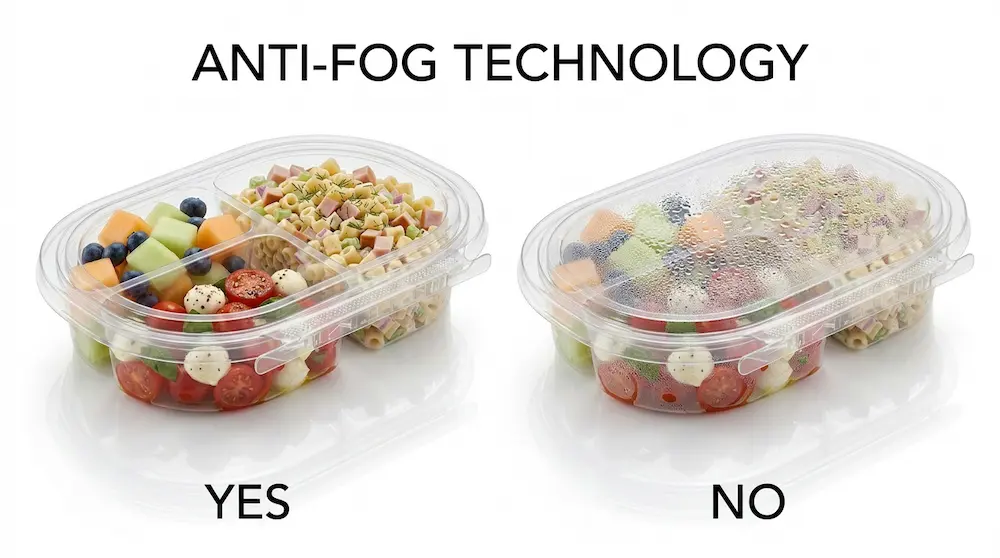 24 oz RPET three-compartment tamper evident food container with anti-fog technology comparison