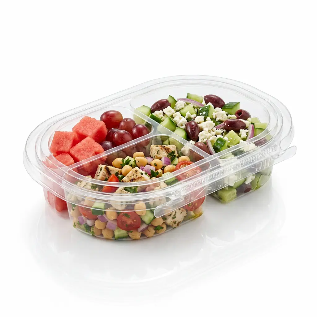24oz-rpet-three-compartment-tamper-evident-container-mediterranean-chickpea-salad 24 oz RPET three-compartment tamper evident food container for Mediterranean chickpea salad