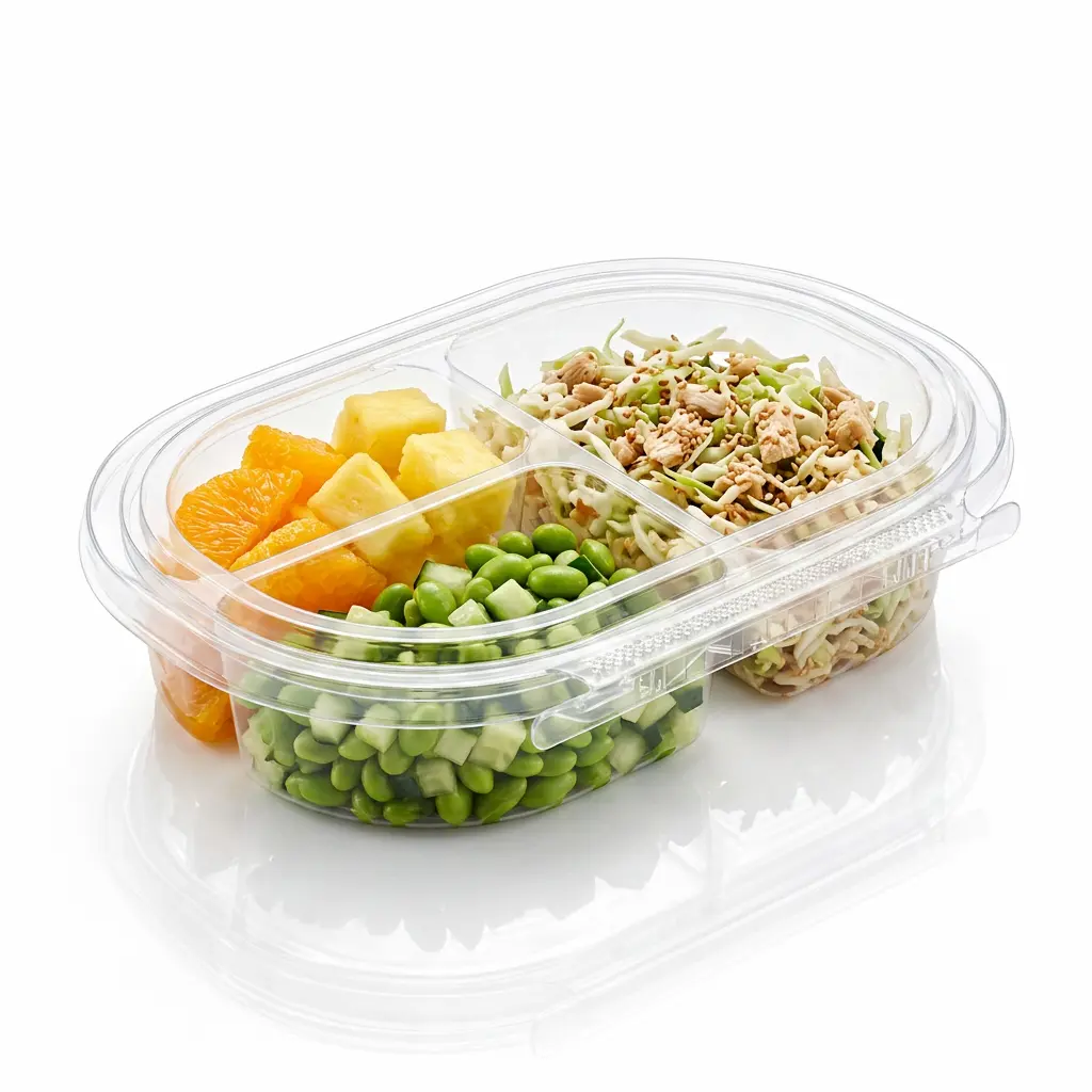 24 oz RPET three-compartment tamper evident food container for sesame chicken slaw and fruit
