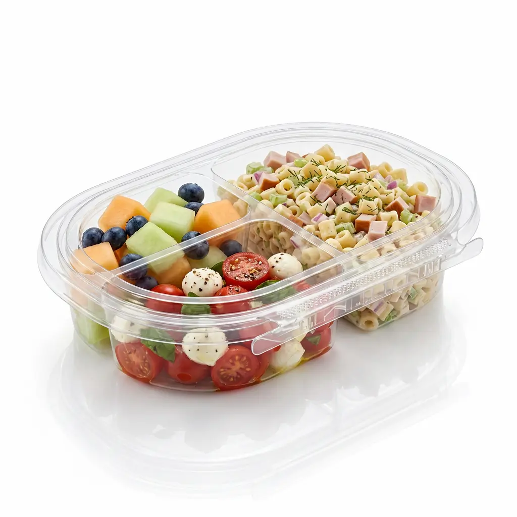 24oz-rpet-three-compartment-tamper-evident-container-smoked-turkey-pasta-salad 24 oz RPET three-compartment tamper evident food container for smoked turkey pasta salad