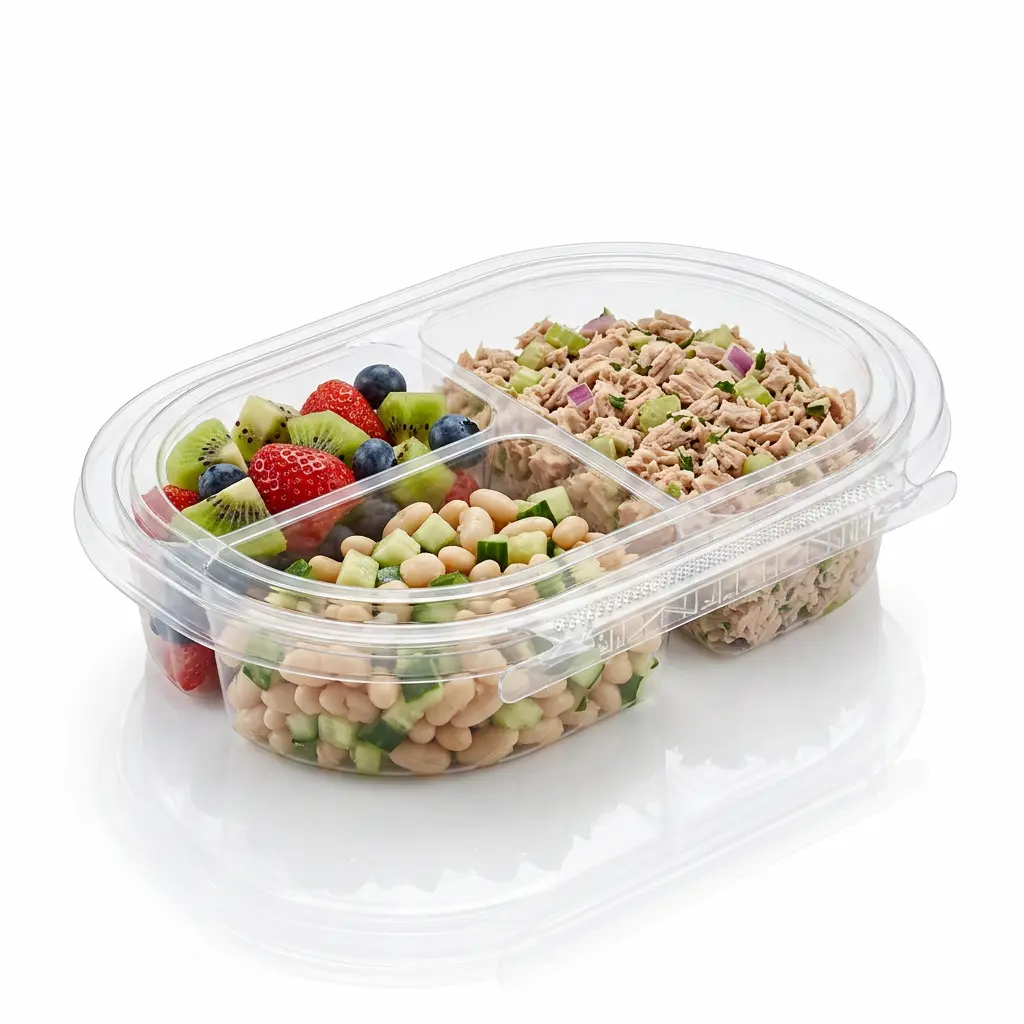 24oz-rpet-three-compartment-tamper-evident-container-tuna-protein-salad 24 oz RPET three-compartment tamper evident food container for tuna protein salad