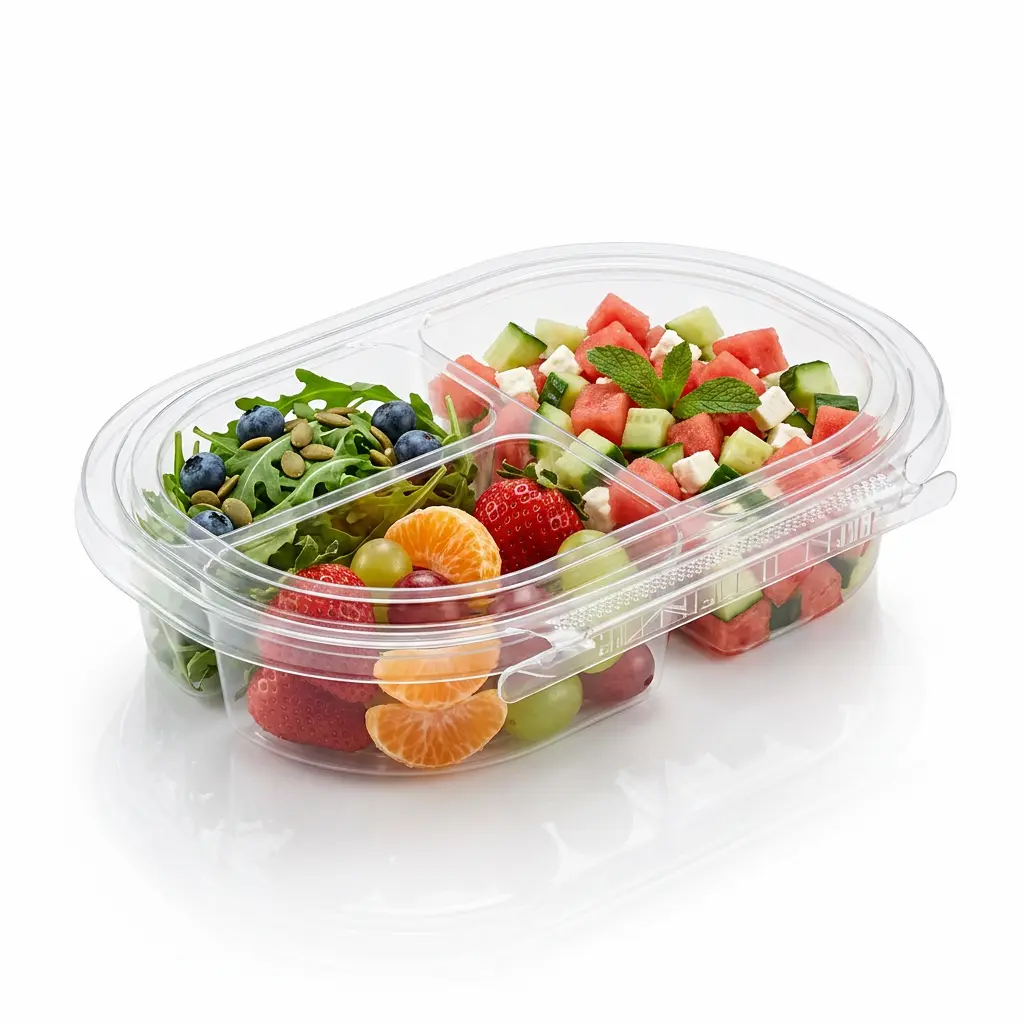 24oz-rpet-three-compartment-tamper-evident-container-watermelon-feta-cucumber-salad 24 oz RPET three-compartment tamper evident food container for watermelon feta cucumber salad