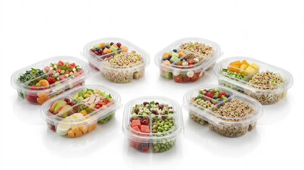 24 oz RPET three-compartment tamper evident containers for salad fruit and meal packaging