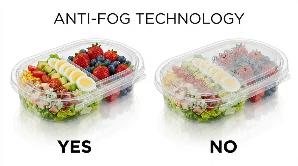 24 oz RPET two-compartment tamper evident food container with anti-fog technology comparison