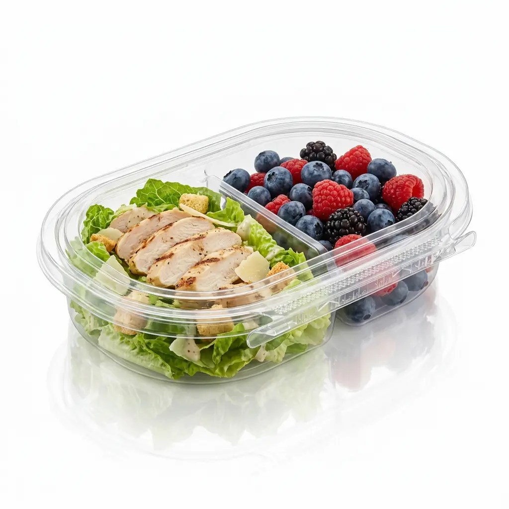 24 oz RPET two-compartment tamper evident food container for chicken Caesar salad and berries