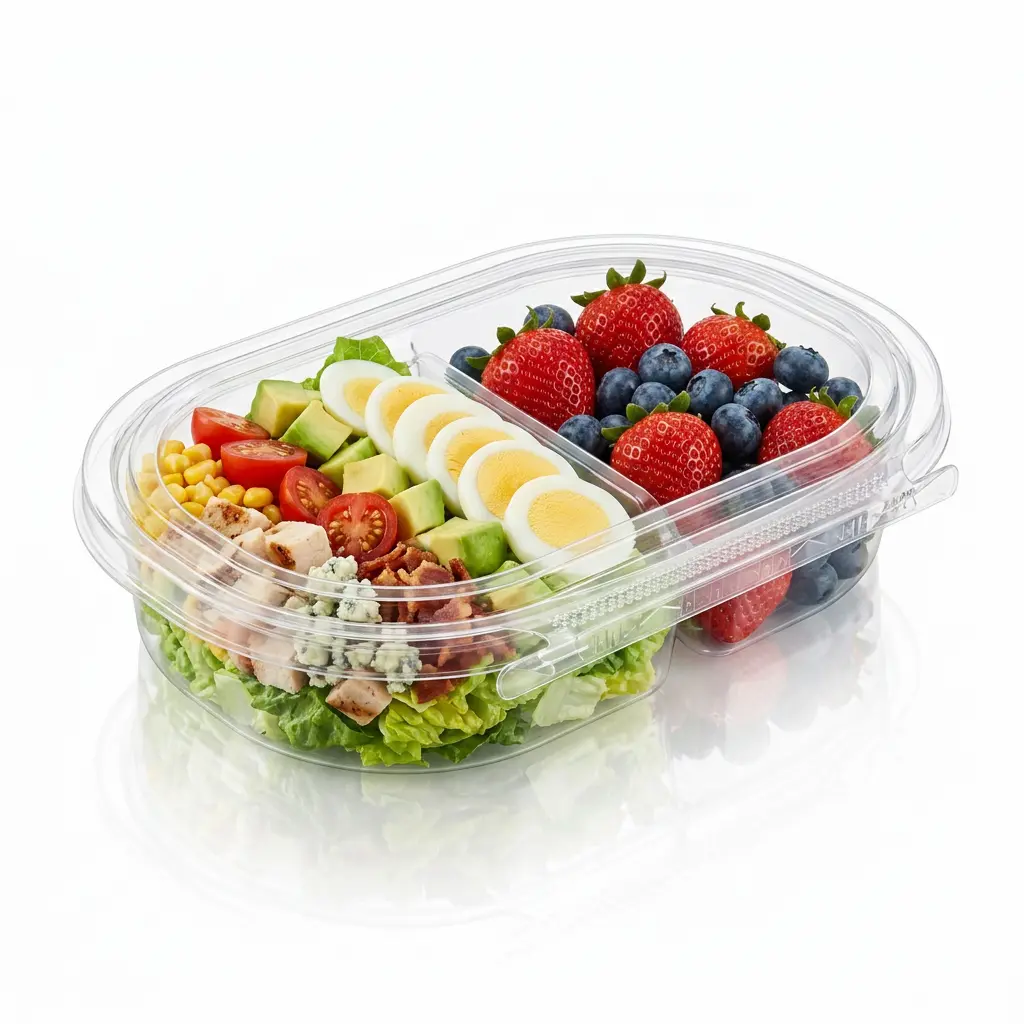 24oz-rpet-two-compartment-tamper-evident-container-cobb-salad-berries 24 oz RPET two-compartment tamper evident food container for Cobb salad and berries