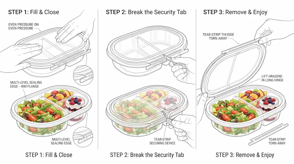 Three step opening guide for 24 oz RPET two-compartment tamper evident food container