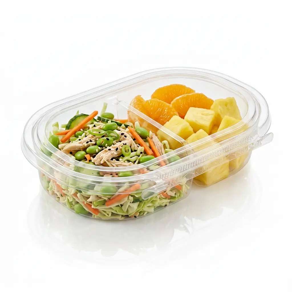 24oz-rpet-two-compartment-tamper-evident-container-sesame-chicken-slaw-fruit 24 oz RPET two-compartment tamper evident food container for sesame chicken slaw and fruit