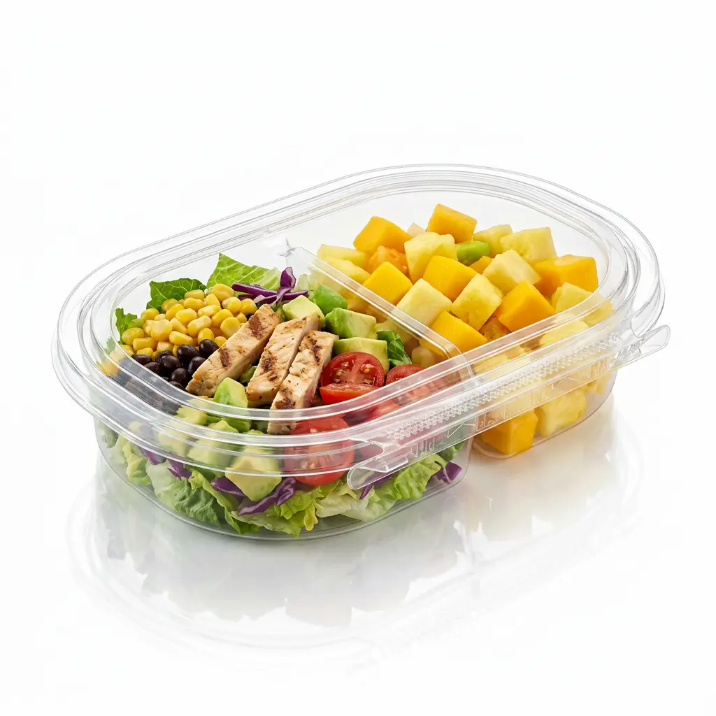 24oz-rpet-two-compartment-tamper-evident-container-southwest-chicken-salad-fruit 24 oz RPET two-compartment tamper evident food container for Southwest chicken salad and fruit