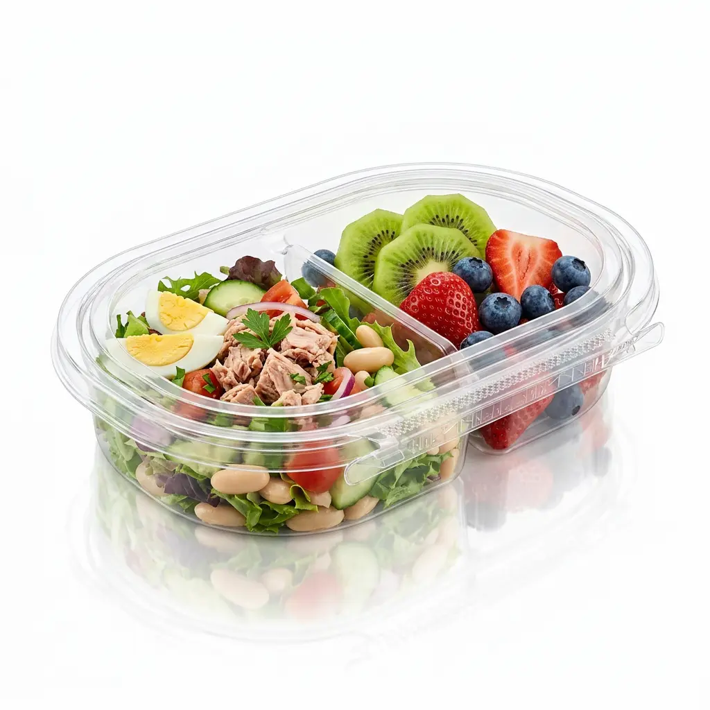 24oz-rpet-two-compartment-tamper-evident-container-tuna-protein-salad 24 oz RPET two-compartment tamper evident food container for tuna protein salad and kiwi berries