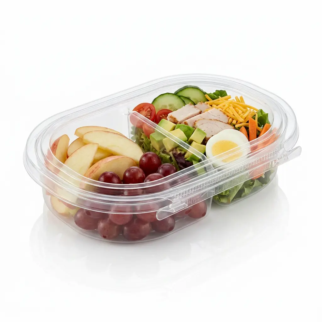 24oz-rpet-two-compartment-tamper-evident-container-turkey-avocado-chef-salad 24 oz RPET two-compartment tamper evident food container for turkey avocado chef salad and fruit