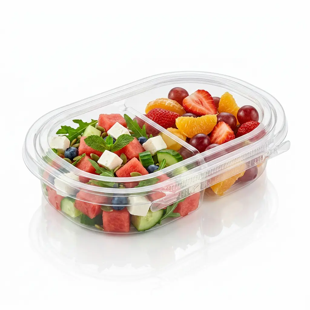 24oz-rpet-two-compartment-tamper-evident-container-watermelon-feta-cucumber-salad 24 oz RPET two-compartment tamper evident food container for watermelon feta cucumber salad and fruit