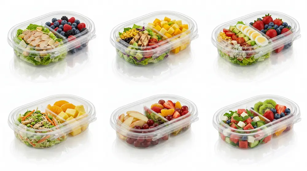24 oz RPET two-compartment tamper evident food containers for salad and fruit packaging