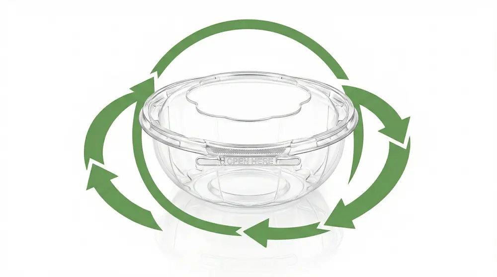 clear 24 oz tamper evident PET bowl with anti-fog dome lid and recyclable material concept