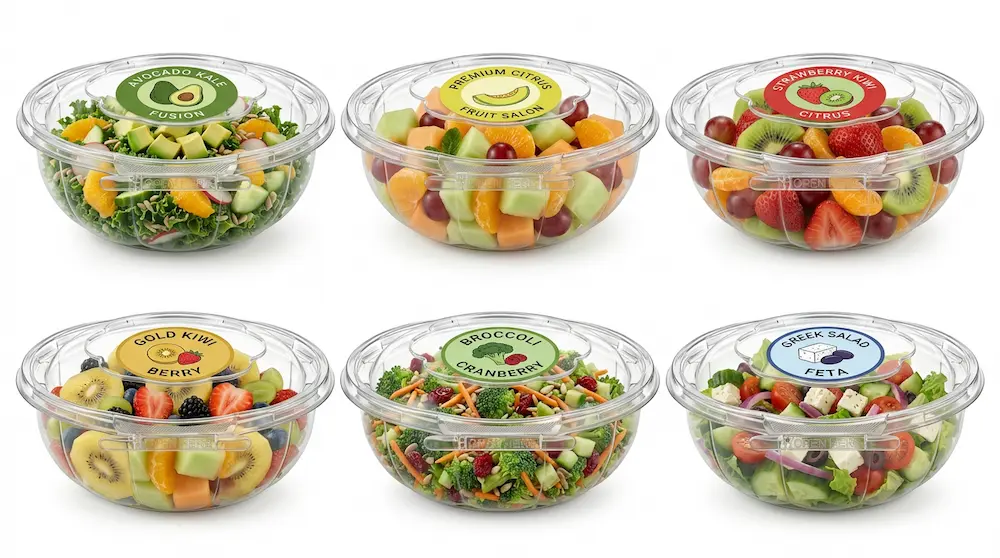 24 oz tamper evident PET bowls with custom round labels for salad and fruit packaging